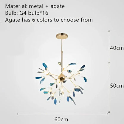 A decorbites colorful agate led leaf chandelier with gold metal frame and 16 blue agate accents for bedroom lighting