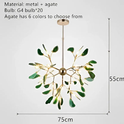 A decorbites colorful agate bedroom pendant light with brass metal frame and green leaf-shaped agate led accents