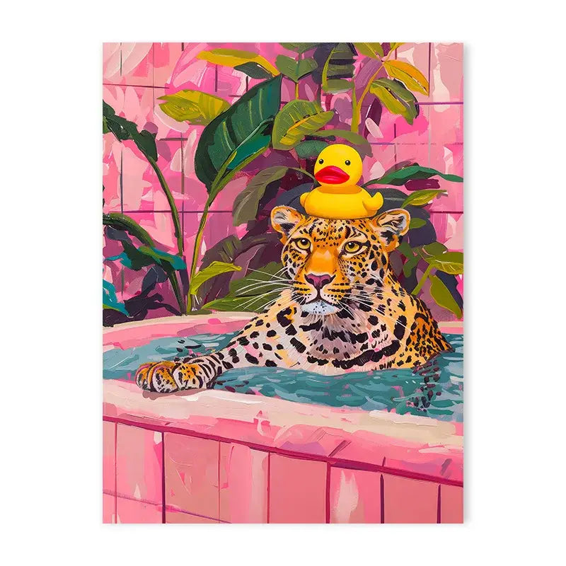 Decorbites™ colorful animal canvas wall art featuring a vibrant pink bathtub painting with a black cat for home decor