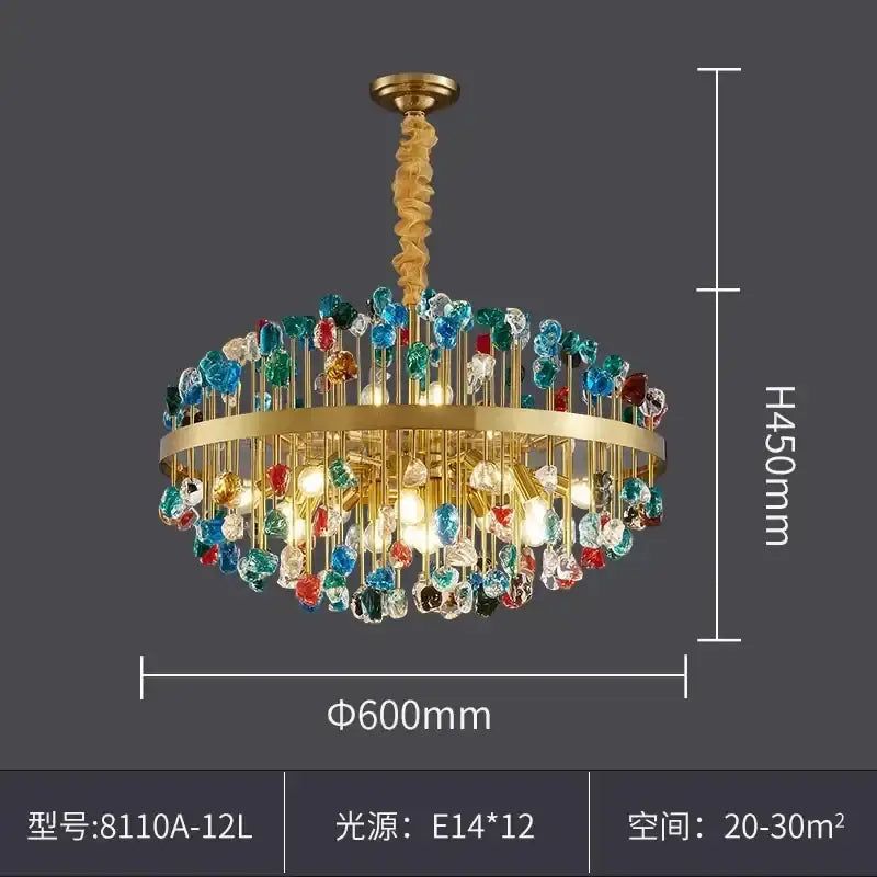 A decorbites colorful crystal chandelier dining room pendant light with a golden frame and multicolor dangling beads