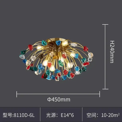 A vibrant gold-toned decorbites colorful crystal chandelier with red blue green beads for dining room pendant light