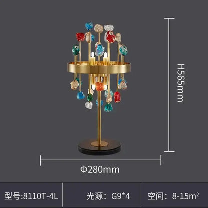 A modern gold-toned table lamp with colorful crystal ornaments inspired by decorbites colorful crystal chandelier