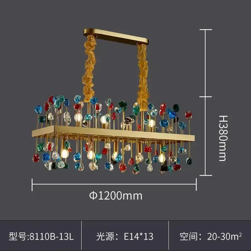 A decorbites colorful crystal chandelier dining room pendant light with gold metal frame and multicolored glass gemstones
