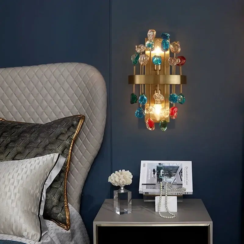 Gold-toned decorbites colorful crystal wall sconce with blue red and clear beads for dining room chandelier lighting