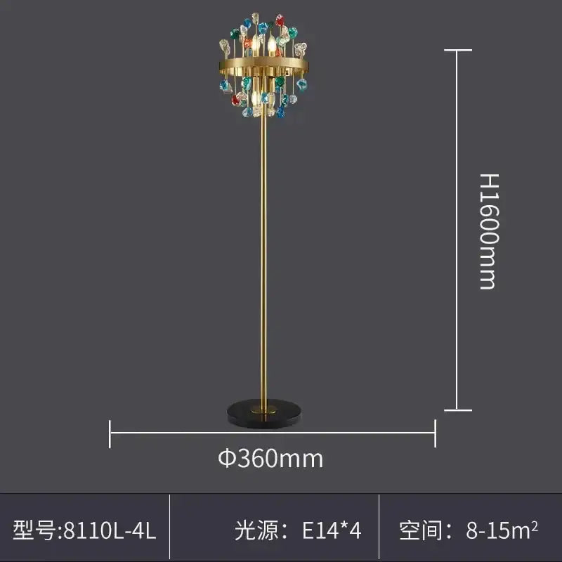 A tall slender gold-finished floor lamp with colorful crystal beads for dining room by Decorbites colorful crystal chandelier