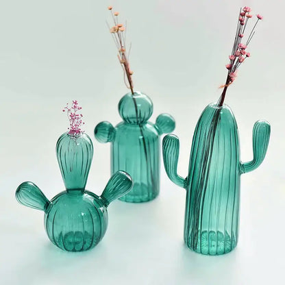 DecorBites™ colorful cactus glass vases in teal with ribbed texture holding dried pink flowers for home decor