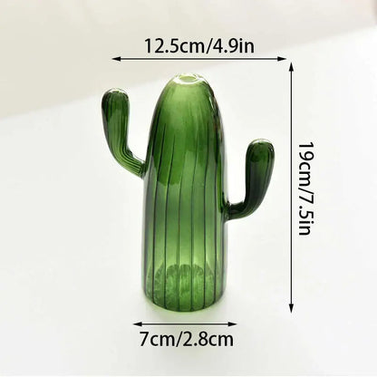 Decorbites™ colorful translucent green cactus glass vase with vertical ridges and two curved arms for home decor