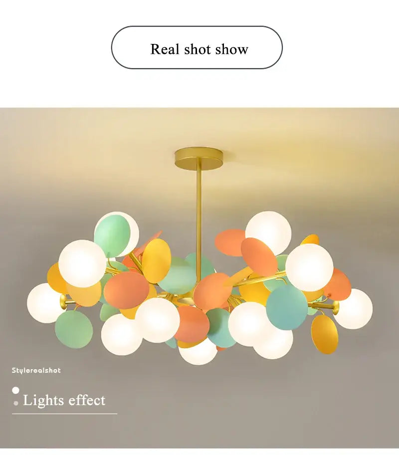 DecorBites colorful led branch chandelier with gold metal frame and multicolor glass shades for living room lighting