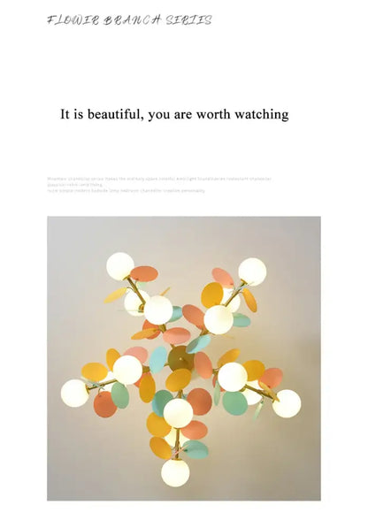 Modern DecorBites™ colorful LED branch chandelier with white glass bulbs and orange yellow teal accents for living room