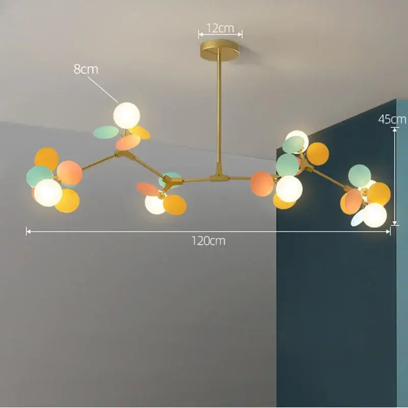 DecorBites™ colorful LED branch chandelier with gold-toned spherical and leaf lights for living room and bedroom