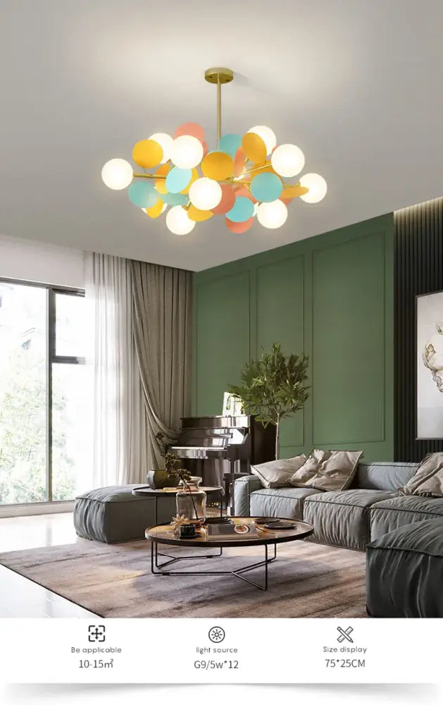 Decorbites colorful led branch chandelier with multicolored spherical orbs and brass rod for living room lighting