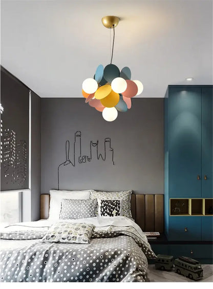 Decorbites™ colorful led branch chandelier with gold-toned fixture and pastel circular shades for living room lighting