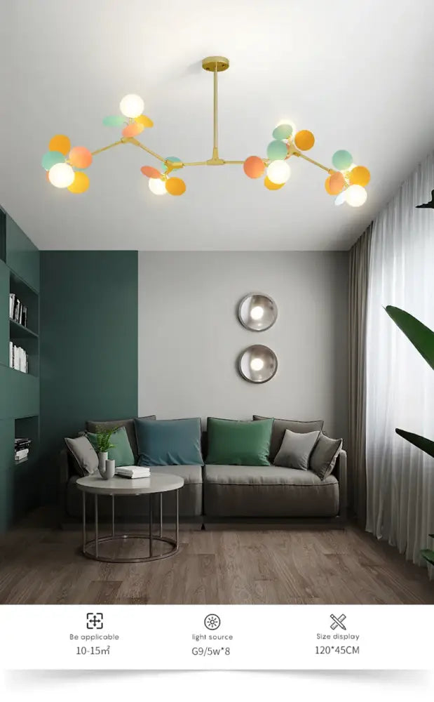 DecorBites™ colorful led branch chandelier with gold-toned structure and multicolored lights for living room use