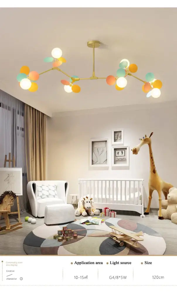 Colorful led branch chandelier with spherical pendant lights and gold-toned metal frame for living room decor