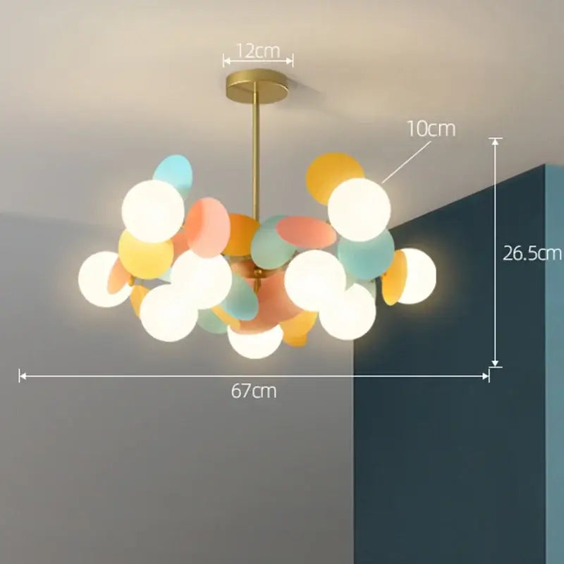 Pastel-colored spherical pendant light with brass-finished stem and rods in DecorBites™ colorful led branch chandelier for living room