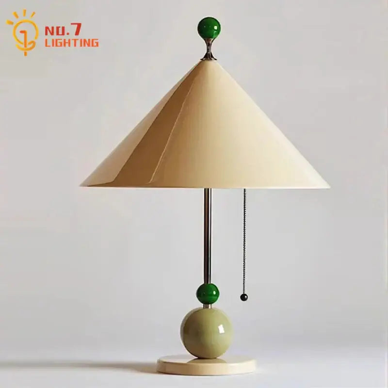 Cream-colored conical lampshade table lamp with green ceramic spheres by no.7 lighting from decorbites colorful led umbrella collection