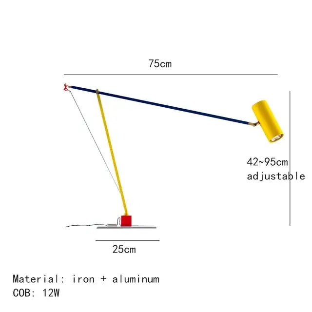 A decorbites colorful metal led adjustable floor lamp with a yellow head navy blue arm and red iron aluminum base
