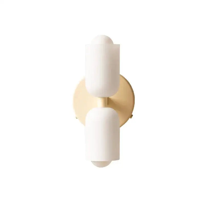 DecorBites™ colorful modern wall sconce with frosted white glass shades and brushed brass backplate
