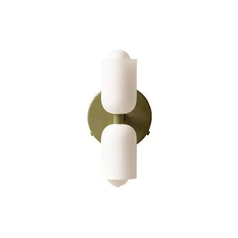 Decorbites™ colorful modern wall sconce with matte white glass shades and brushed olive green metal backplate