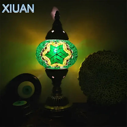 Decorbites colorful mosaic table lamp with green stained glass star pattern and dark metal base for bedroom decor