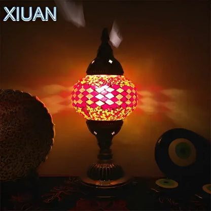 Decorbites colorful mosaic table lamp with vibrant red and gold stained glass and black metal base for bedroom use