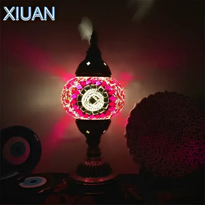 A decorbites colorful mosaic table lamp with vibrant pink and black geometric glass and brass for bedroom decor