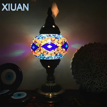 Decorbites colorful mosaic table lamp with vibrant tiled shade black metal base and ornate top for bedroom decor