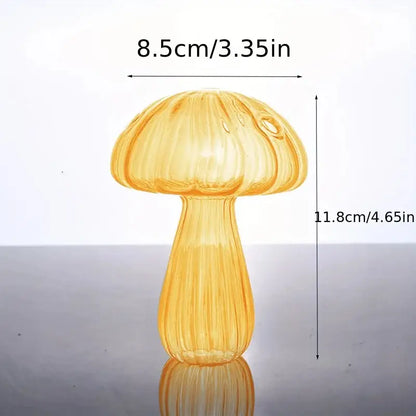 Translucent amber glass colorful mushroom vase with vertical ribbed texture and smooth rounded cap for home decor
