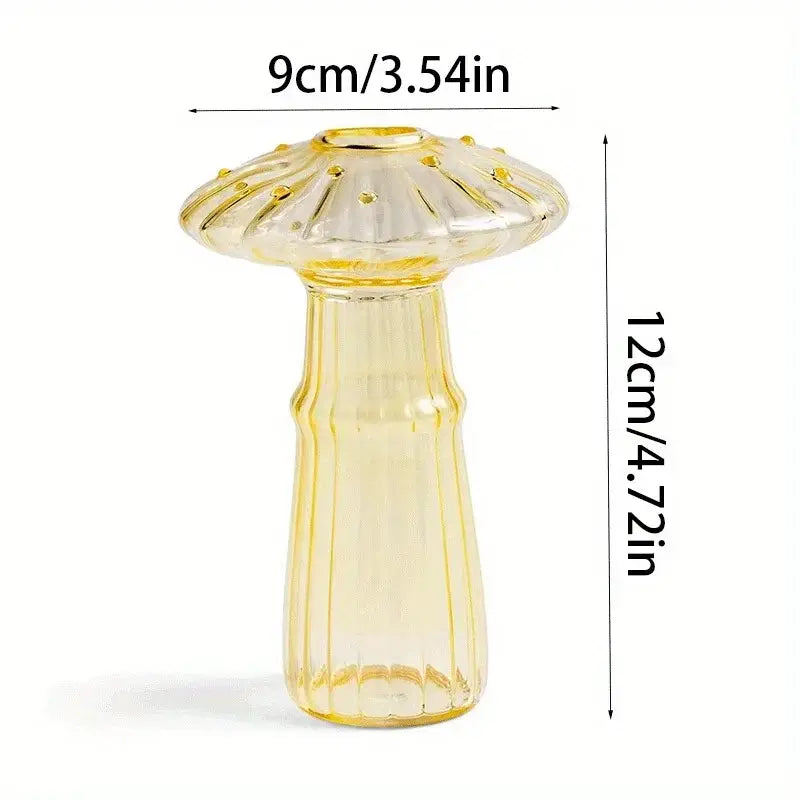 Translucent amber glass colorful mushroom vase with fluted mushroom-shaped top and vertical ridges by DecorBites