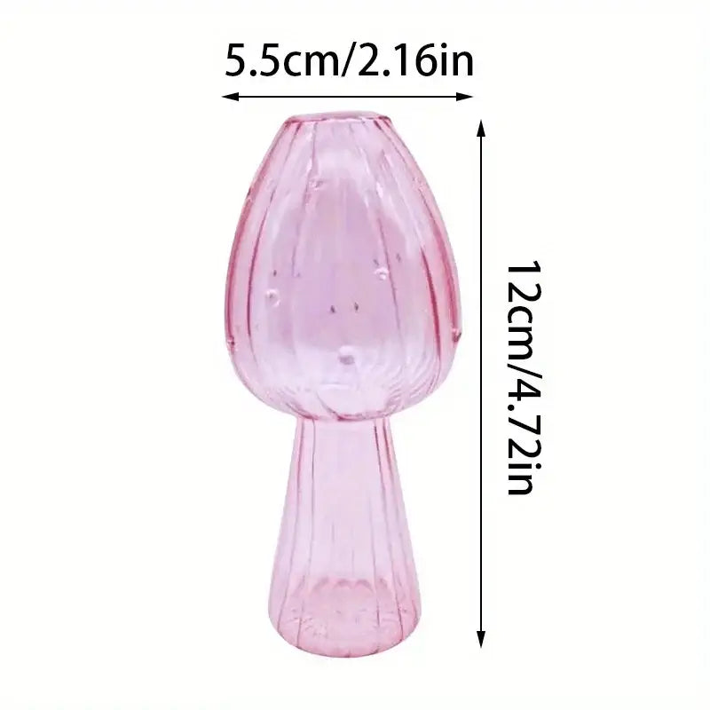 DecorBites™ colorful mushroom vase made of translucent pink glass with ribbed texture and rounded cap for Nordic decor