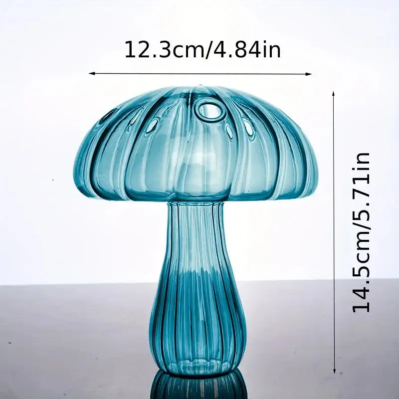 DecorBites™ colorful mushroom vase in translucent blue glass with ribbed texture for nordic style home decor
