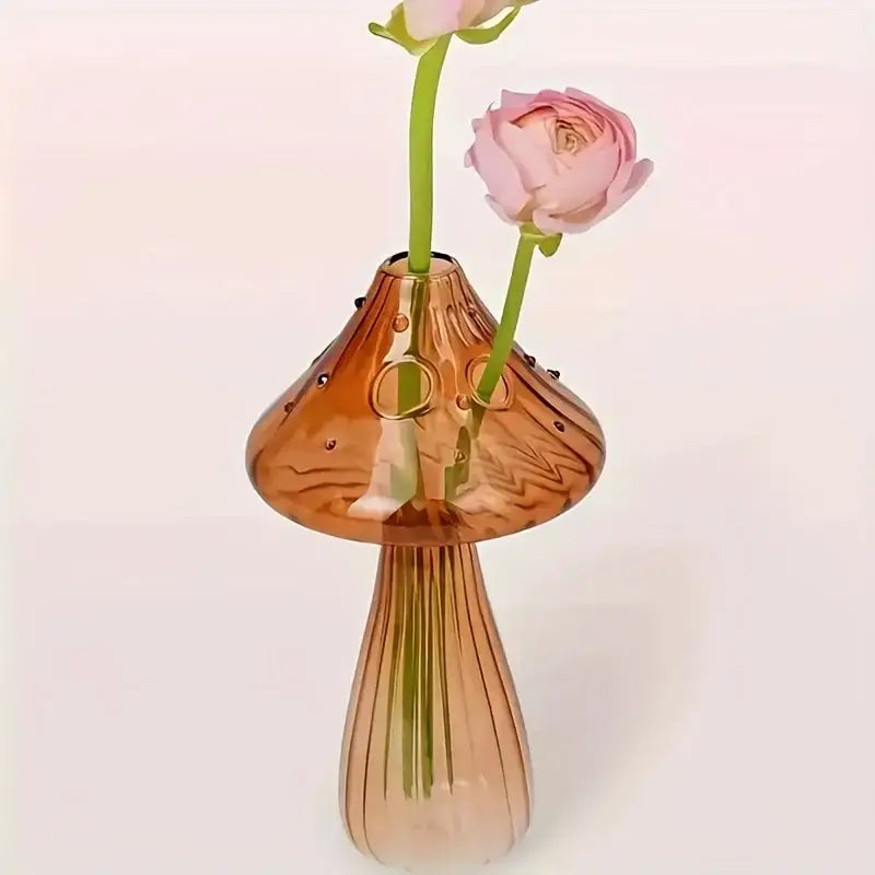 DecorBites translucent amber glass colorful mushroom vase with vertical ridges and metallic dots nordic style decor