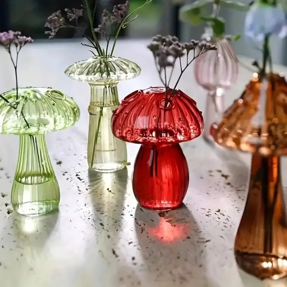 Decorbites™ colorful mushroom vase in vibrant red glass with textured ribbed cap and stem for nordic style decor