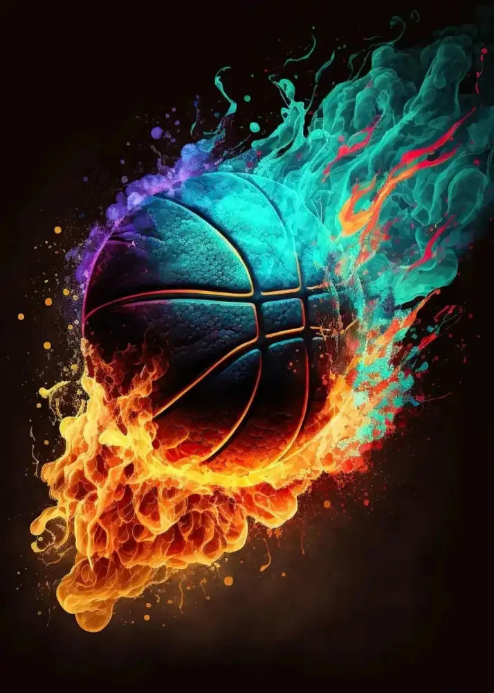 A vibrant colorful sport basketball with glowing teal and orange flames featured on decorbites™ basketball posters prints