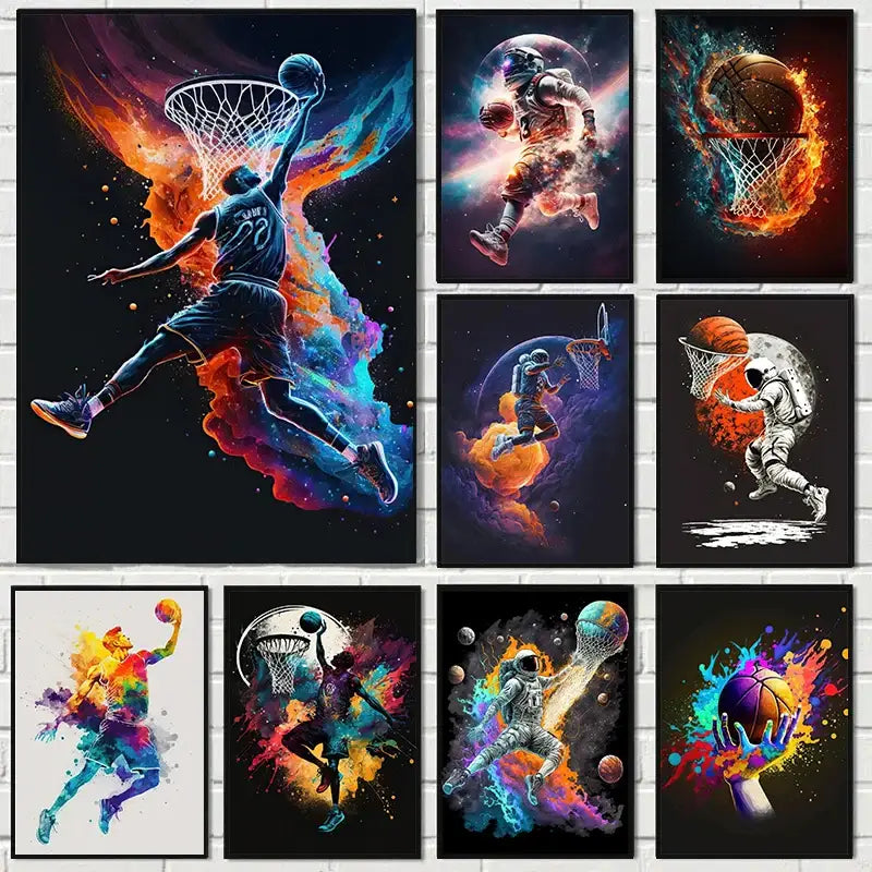 Colorful sport basketball posters featuring vibrant cosmic canvas prints with astronauts and dynamic players for boys decor