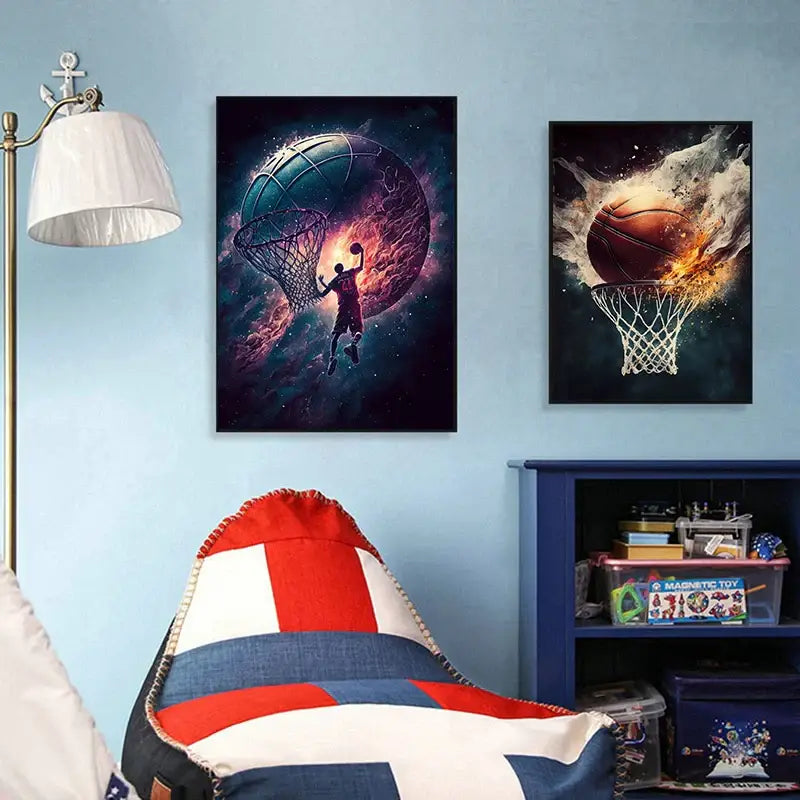 Decorbites colorful sport basketball posters featuring a red white and blue striped beanbag chair with textured fabric finish