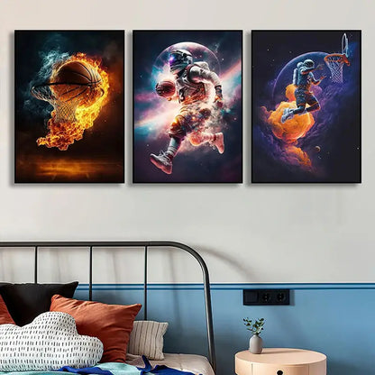 Set of three framed colorful sport basketball posters featuring vibrant cosmic backgrounds and dynamic astronaut players