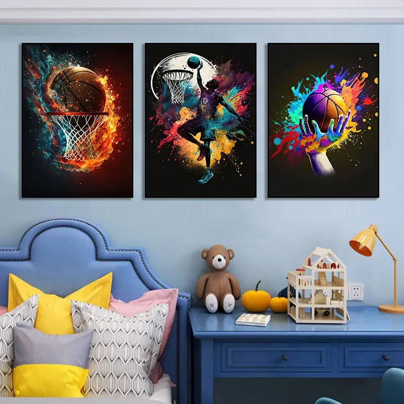 Three colorful sport basketball posters prints featuring vibrant abstract designs for boys by decorbites™ nordic style