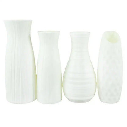 Set of four minimalist white ceramic vases with subtle texture suitable for modern flower vase decorbites colorful plastic flower use