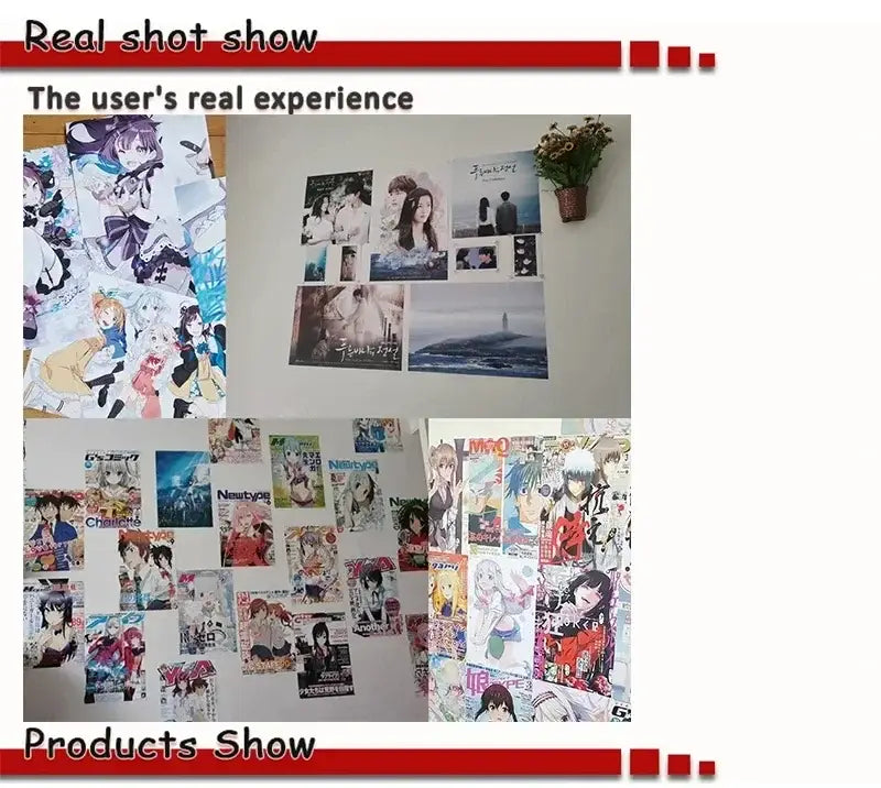 Wall art collage featuring colorful anime posters with decorbites™ tiger and leopard vintage poster designs