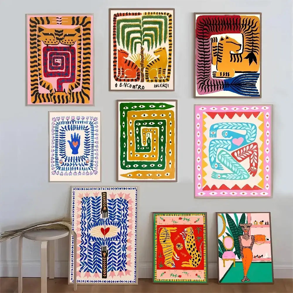 Set of seven vibrant framed wall art prints featuring colorful tiger and leopard vintage poster designs in folk art style