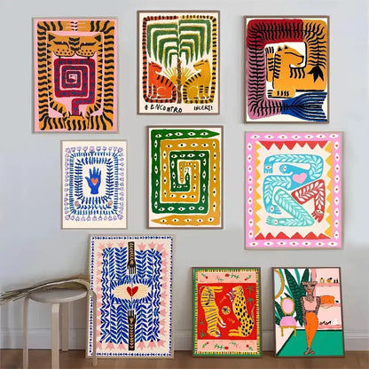 Set of seven vibrant framed wall art prints featuring colorful tiger and leopard vintage poster designs in folk art style