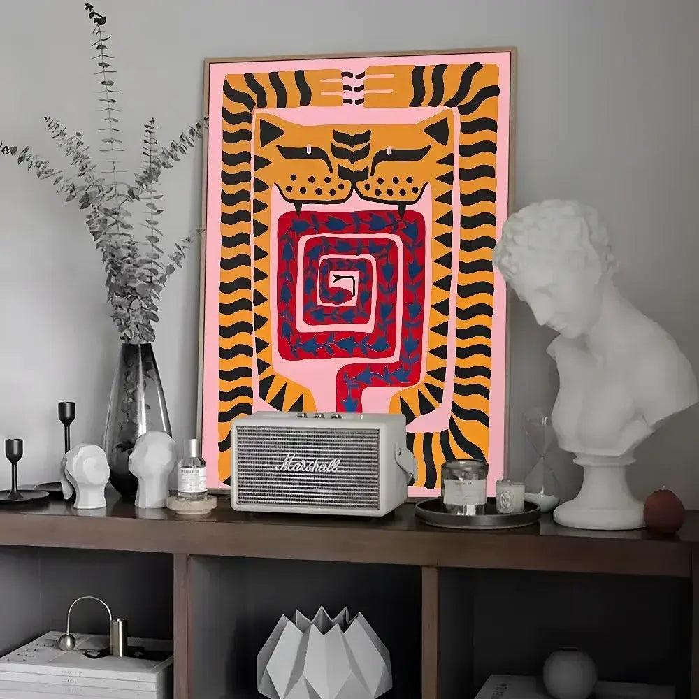 DecorBites™ colorful tiger and leopard vintage poster wall art with vibrant orange tiger and geometric pink background