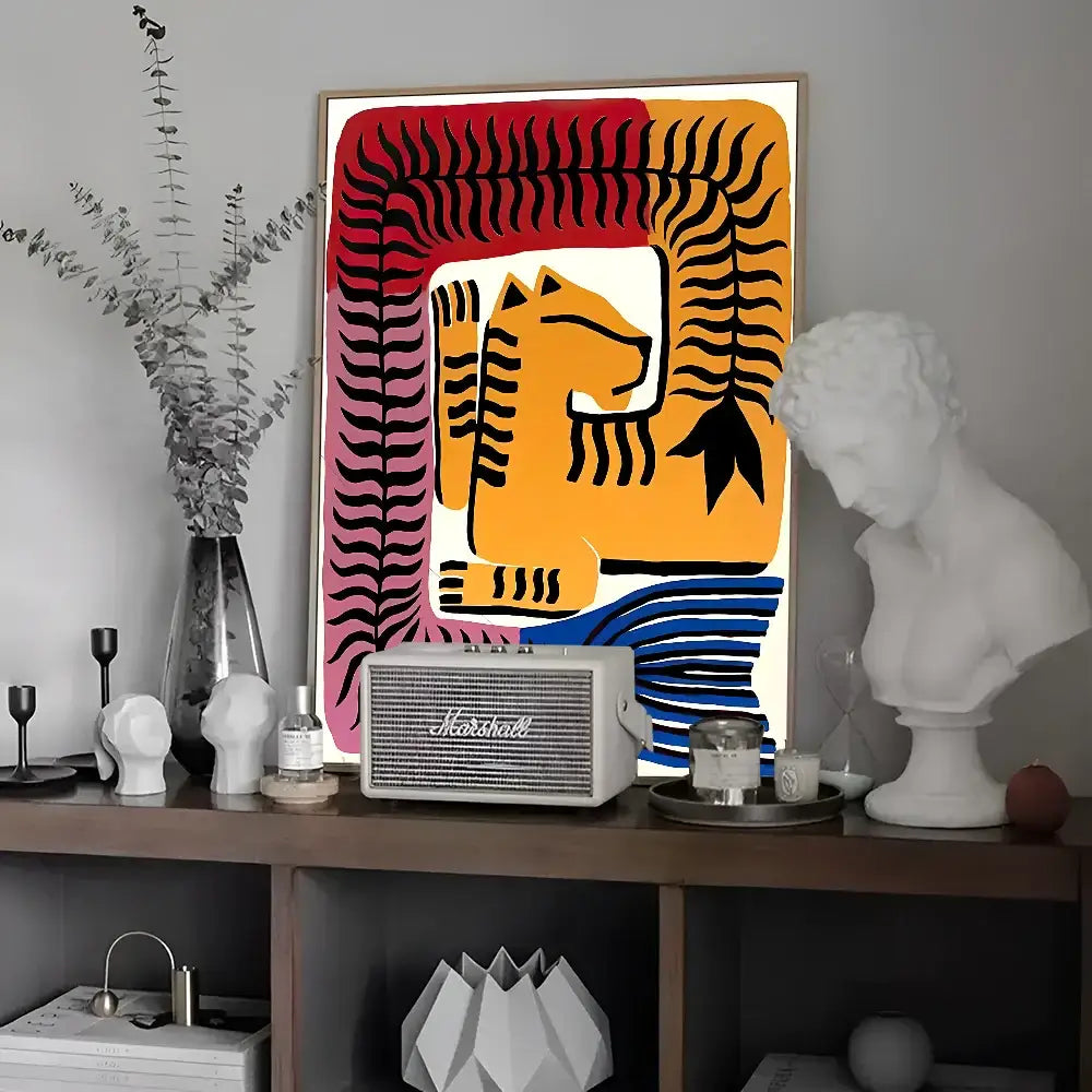DecorBites™ colorful tiger and leopard vintage poster wall art featuring a vibrant orange tiger on pink and red backgrounds
