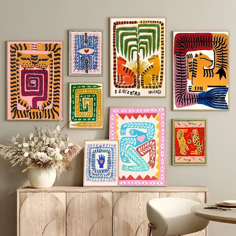 Decorbites™ colorful tiger and leopard vintage poster wall art featuring vibrant geometric patterns and animal motifs