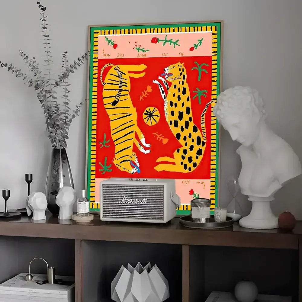 DecorBites™ colorful tiger and leopard vintage poster wall art with vibrant red and yellow stylized animals and bold borders