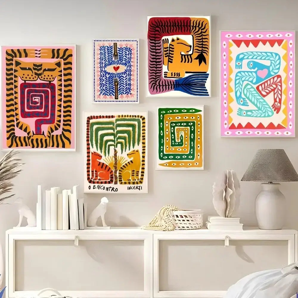 Decorbites™ colorful tiger and leopard vintage poster wall art features vibrant animal prints in bold geometric patterns