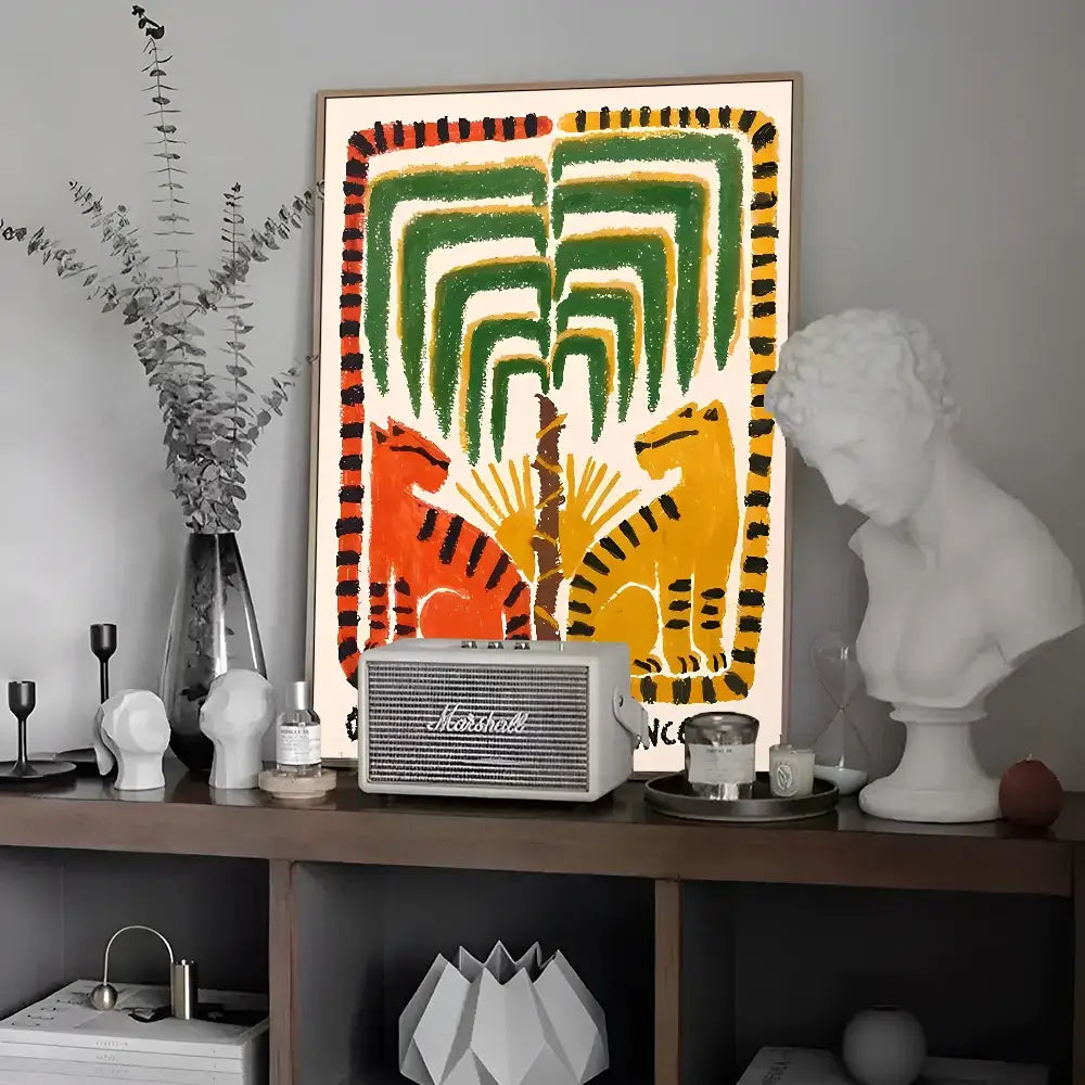 DecorBites™ vibrant wall art vintage poster featuring stylized orange tigers and leopard vintage poster design
