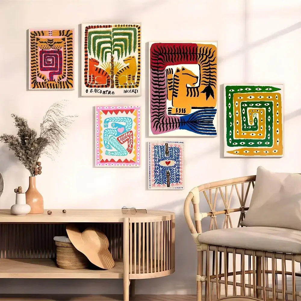 Vibrant DecorBites™ wall art featuring colorful tiger and leopard vintage poster with geometric patterns in bold colors