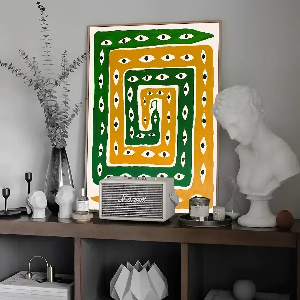A white Marshall speaker with vintage grille design on a wooden shelf complements colorful leopard vintage poster wall art